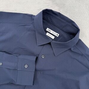 Zara Man Navy Blue Grid Textured Regular Fit Long Sleeve Button Down Shirt SzM